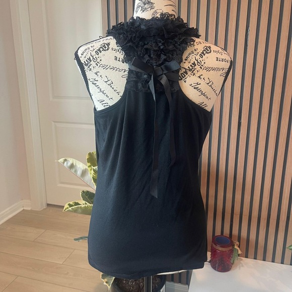 Self Esteem Tops - y2k Self Esteem Black Tank Top Ruffle Lace Halter Tie Back Sleeveless XL